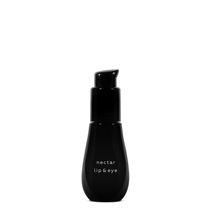 Black bottle labeled 'nectar lip&eye' on a white background