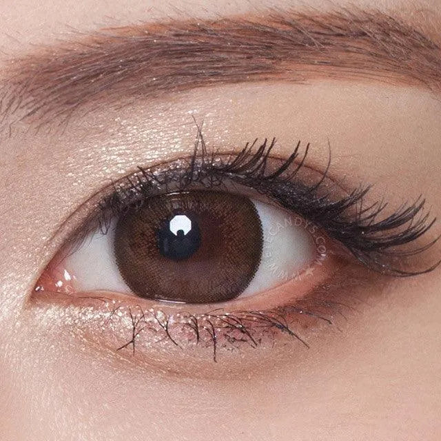 A close-up of a brown eye with natural makeup, featuring NEO Vision Monthly Extra Dali Brown lenses, shimmery eyeshadow, eyeliner, and mascara on upper and lower lashes. The eyebrow is neatly groomed.