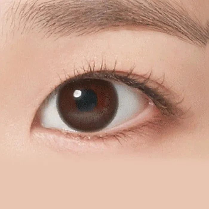 Close-up of a person's right eye with a brown iris, long lashes, and a well-groomed brow. Smooth, fair skin is enhanced by NEO Vision Neoism Coco Brown (50pk) contact lenses for a natural look.