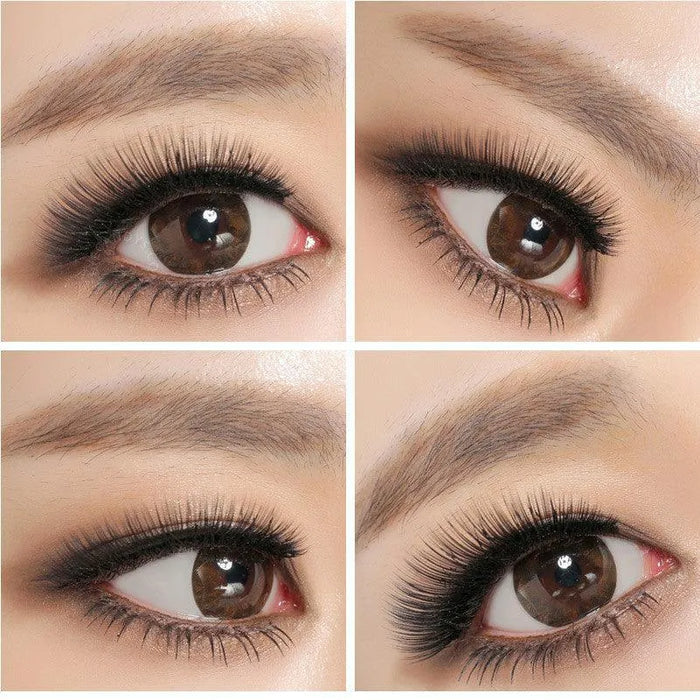 Close-up shots of brown eyes wearing NEO Vision Ruby Queen Brown (Custom Toric for Astigmatism) contacts and dark eyeliner, shown from four angles to highlight the effect. Brand: NEO Vision.