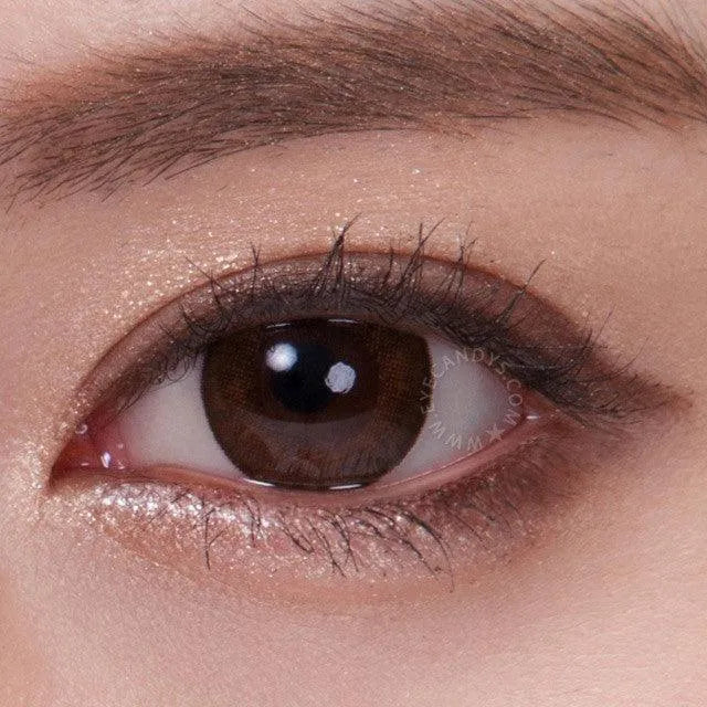 A close-up of a brown eye with natural makeup—light shimmery eyeshadow, defined brows, and long lashes—enhanced by NEO Vision Weekly Shiny Dali Brown (12pk) circle lenses for extra depth and allure.
