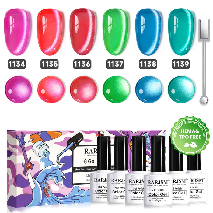 Neon Candy cat eye gel polish 6 colors set 7.5ml 1135-1140 HEMA TPO free vegan bright magnetic shimmer