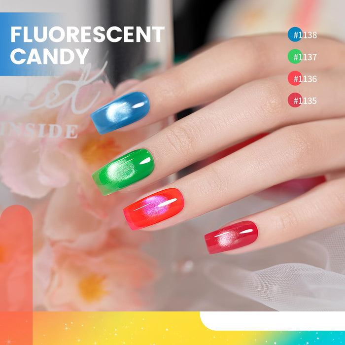 Neon Candy cat eye gel polish on nails 4 bright colors electric blue green coral pink magnetic shimmer summer festival