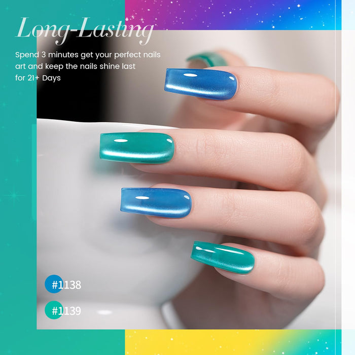 Neon blue teal cat eye gel polish 1138 1139 long-lasting 21 days electric fluorescent magnetic shimmer