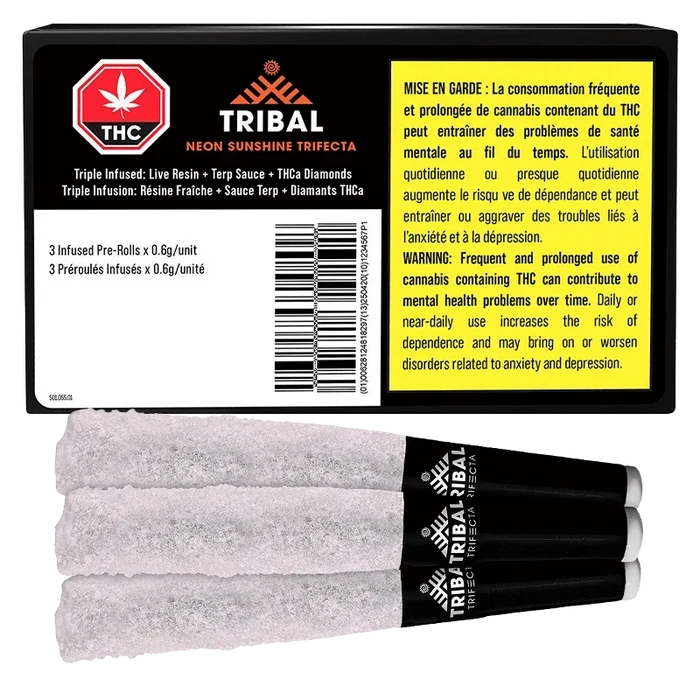 Top-down view of three sugar-coated pre-rolls beside the Tribal Neon Sunshine Trifecta Infused PR 3 x 0.6 g black and yellow box.