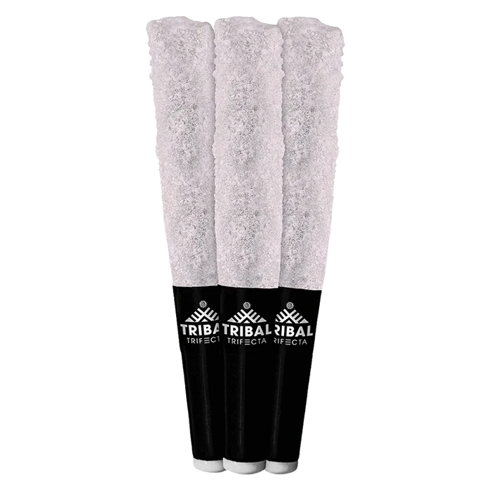 Three pre-rolled cones standing upright in a row with black crutches, labeled Neon Sunshine Trifecta Infused PR 3 x 0.6 g.