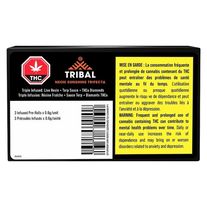 Rear label close-up of the Tribal Neon Sunshine Trifecta Infused PR 3 x 0.6 g packaging, showing logo, THC symbol, barcode and bilingual warning panel.