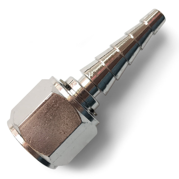 A nickel plated brass oxygen tubing adapter with a conical shape and threaded connector.