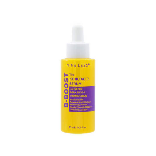 NINELESS B-Boost 1% Kojic Acid Serum is a powerful brightening serum designed to target hyperpigmentation and uneven skin tone. Formulated with 1% Kojic Acid, it effectively lightens dark spots and melasma while inhibiting melanin production. Enhanced with Niacinamide and Tranexamic Acid, this serum not only brightens the skin but also improves its overall texture and appearance. Antioxidants like Vitamin C and Glutathione protect the skin from oxidative stress, and peptides promote collagen syn