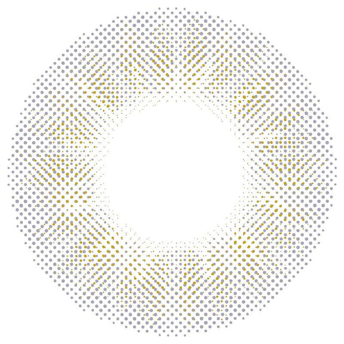 A circular pattern of evenly spaced grey and gold dots radiates from a white center, reflecting the starburst look of N's Collection Tama Konnyaku Grey (10pk) colored contacts by N's Collection on a white background.