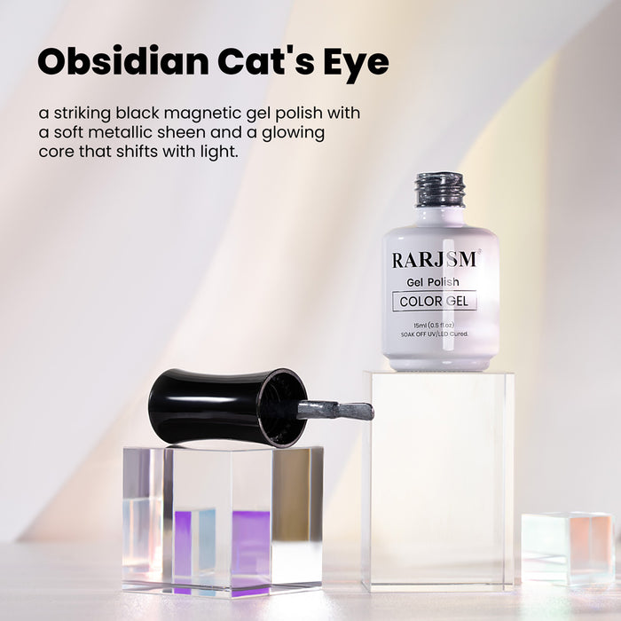 Obsidian Cat's Eye striking black magnetic gel polish soft metallic sheen glowing core shifts with light