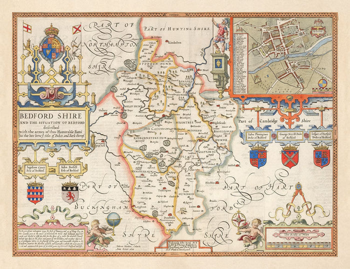 Old Map of Bedfordshire 1611 by John Speed - Bedford, Luton, Dunstable, St Neots, Leighton Buzzard