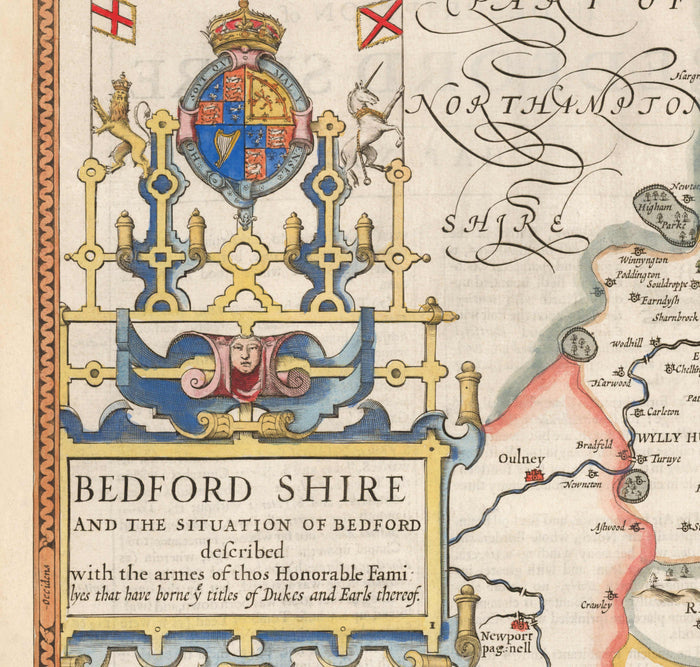 Old Map of Bedfordshire 1611 by John Speed - Bedford, Luton, Dunstable, St Neots, Leighton Buzzard