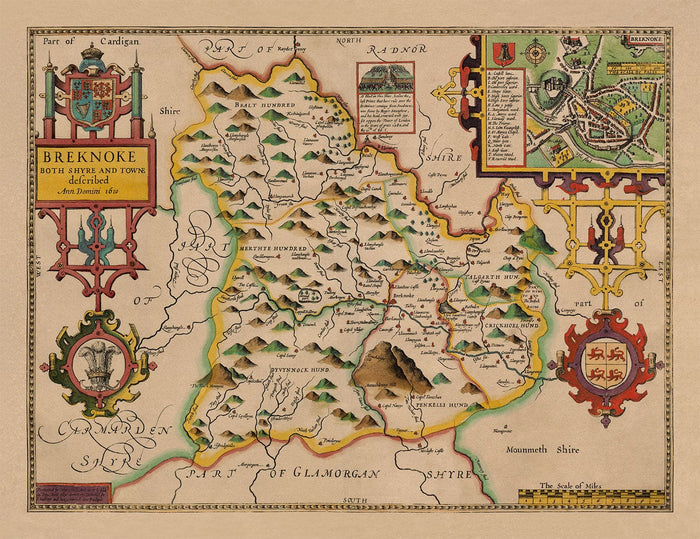 Old Map of Brecon Wales, 1611 by John Speed - Beacons, Crickhowell, Powys, Trecastle