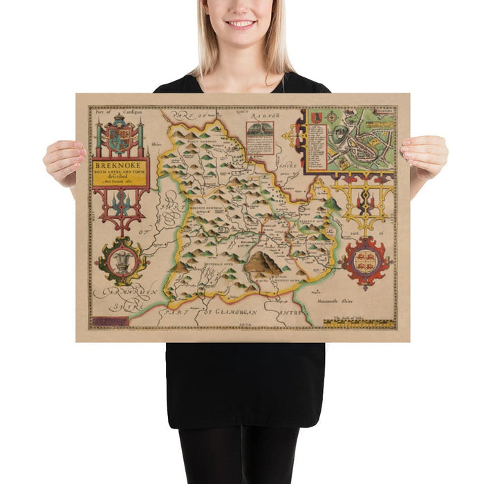 Old Map of Brecon Wales, 1611 by John Speed - Beacons, Crickhowell, Powys, Trecastle