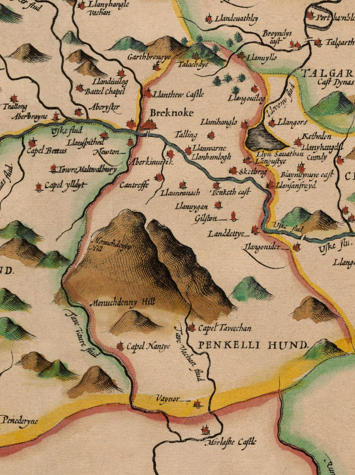 Old Map of Brecon Wales, 1611 by John Speed - Beacons, Crickhowell, Powys, Trecastle