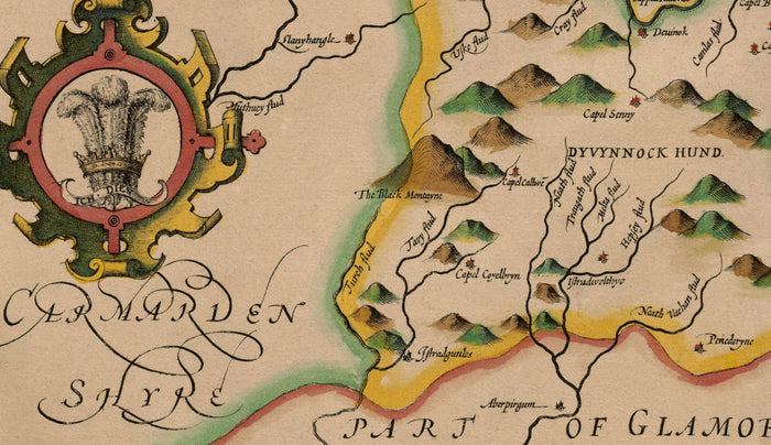 Old Map of Brecon Wales, 1611 by John Speed - Beacons, Crickhowell, Powys, Trecastle