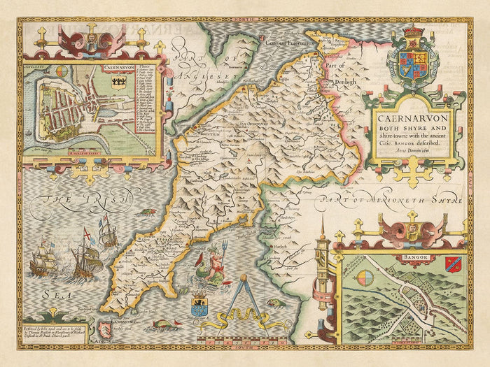 Old Map of Caernarfonshire Wales, 1611 by John Speed - Caernarfon, Snowdon, Gwynedd, Bangor, Conwy, Llandudno