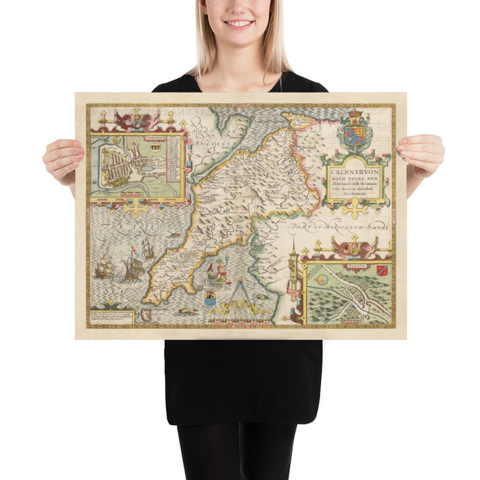 Old Map of Caernarfonshire Wales, 1611 by John Speed - Caernarfon, Snowdon, Gwynedd, Bangor, Conwy, Llandudno