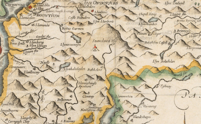 Old Map of Caernarfonshire Wales, 1611 by John Speed - Caernarfon, Snowdon, Gwynedd, Bangor, Conwy, Llandudno