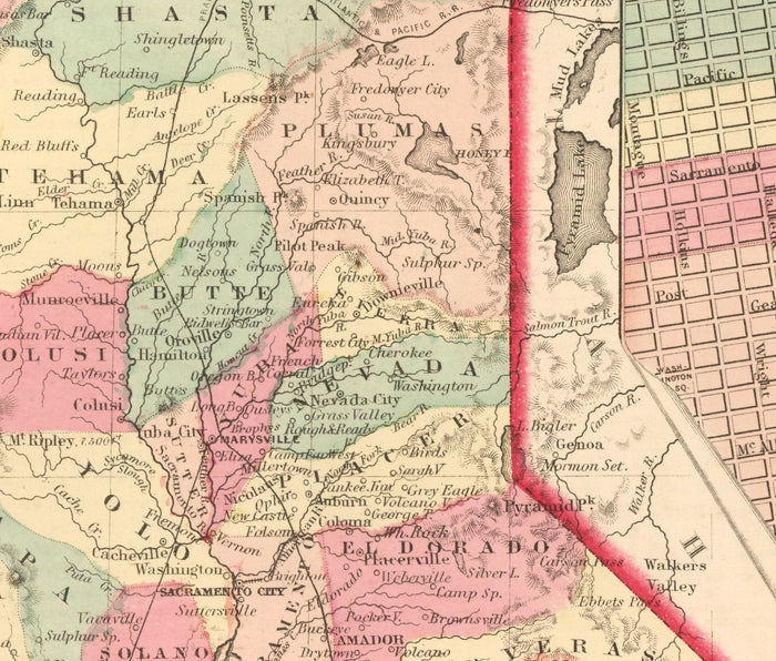 Old Map of California 1860, Colton - San Francisco, Los Angeles, San Diego, Santa Clara, Fresno, San Jose