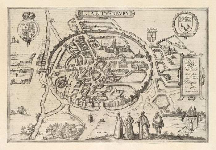 Old Map of Canterbury 1588 by Georg Braun - Castle, Cathedral, Church, City Walls