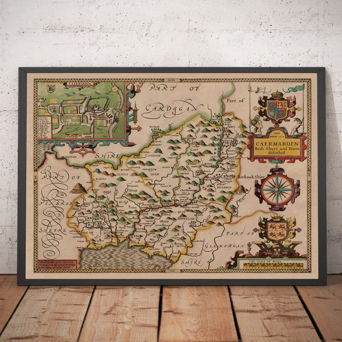 Old Map of Carmarthenshire Wales, 1611 by John Speed - Carmarthen, Llanelli, Llandovery