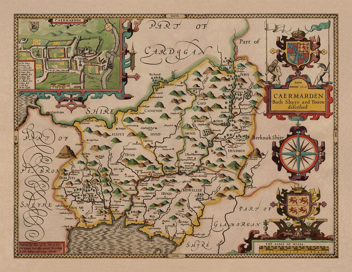 Old Map of Carmarthenshire Wales, 1611 by John Speed - Carmarthen, Llanelli, Llandovery