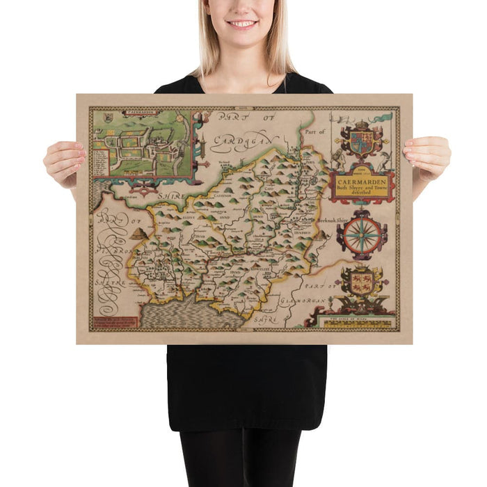 Old Map of Carmarthenshire Wales, 1611 by John Speed - Carmarthen, Llanelli, Llandovery