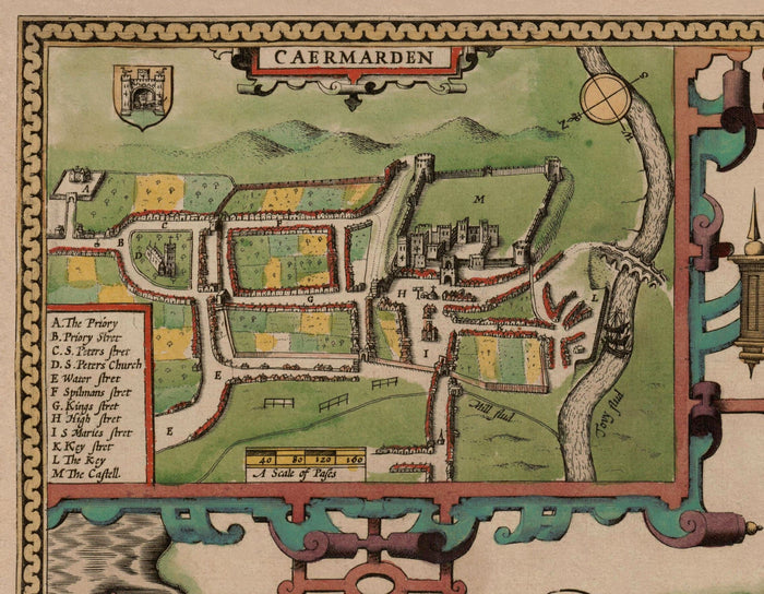 Old Map of Carmarthenshire Wales, 1611 by John Speed - Carmarthen, Llanelli, Llandovery