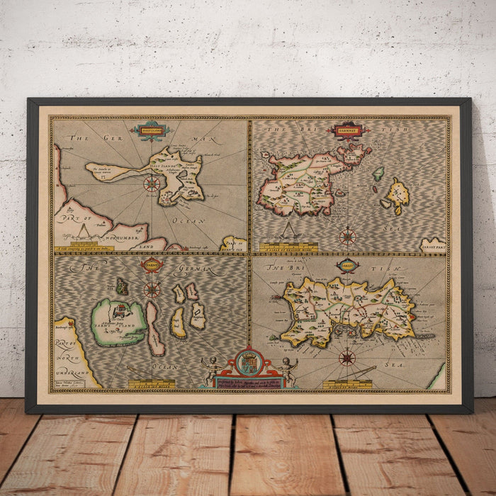 Old Map of Channel Isles, 1611 by John Speed - Jersey, Guernsey, Farne Islands, Holy Island