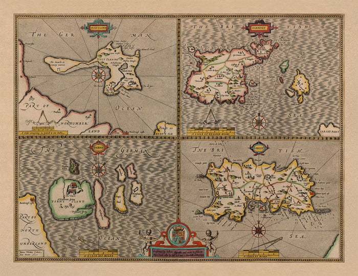 Old Map of Channel Isles, 1611 by John Speed - Jersey, Guernsey, Farne Islands, Holy Island