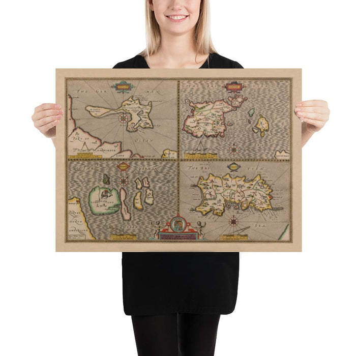 Old Map of Channel Isles, 1611 by John Speed - Jersey, Guernsey, Farne Islands, Holy Island