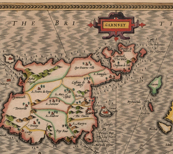 Old Map of Channel Isles, 1611 by John Speed - Jersey, Guernsey, Farne Islands, Holy Island
