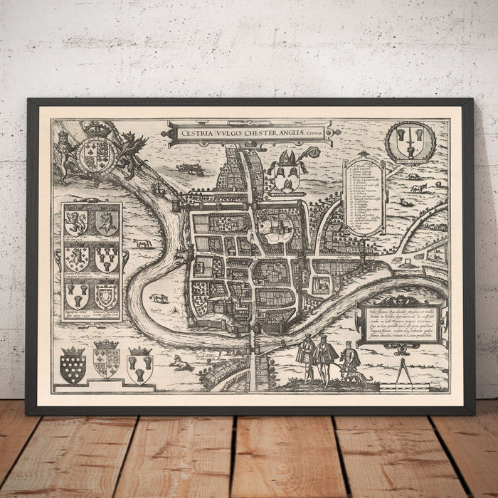 Old Map of Chester, Cheshire 1581 by Georg Braun - Castle, Cathedral, Roman City Walls