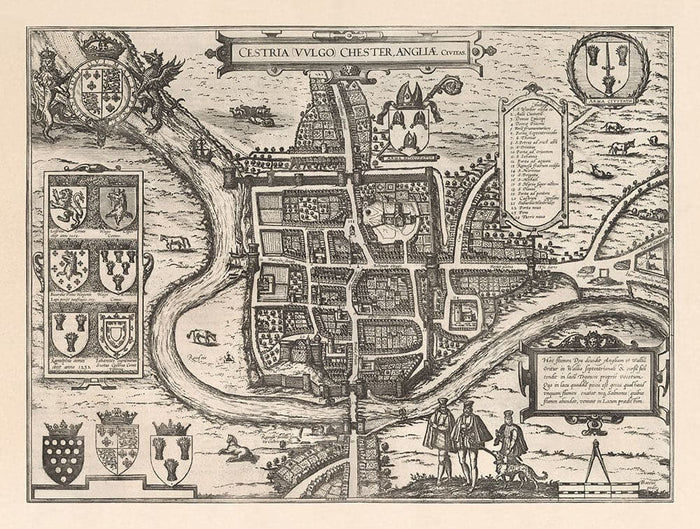 Old Map of Chester, Cheshire 1581 by Georg Braun - Castle, Cathedral, Roman City Walls