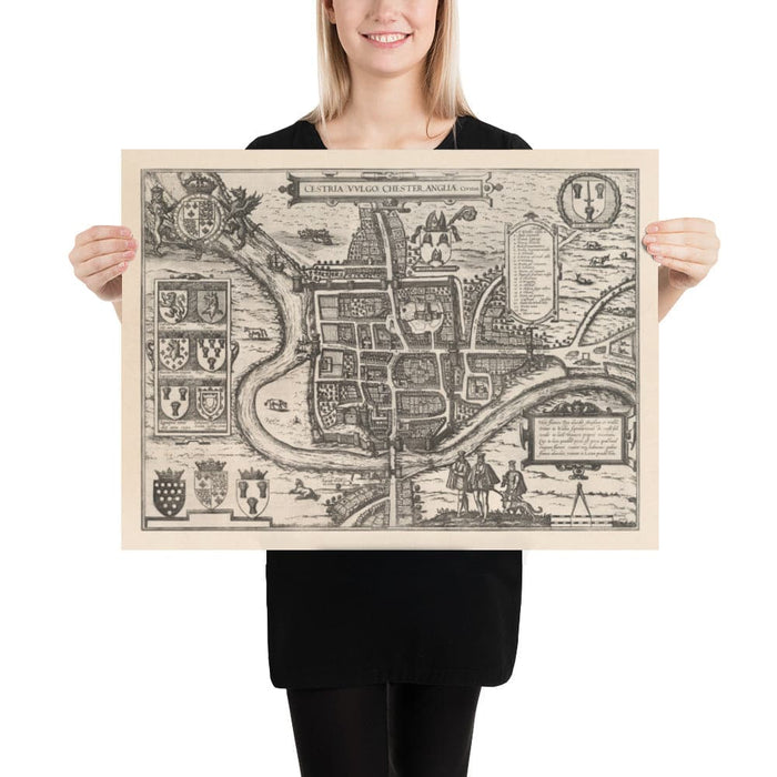Old Map of Chester, Cheshire 1581 by Georg Braun - Castle, Cathedral, Roman City Walls