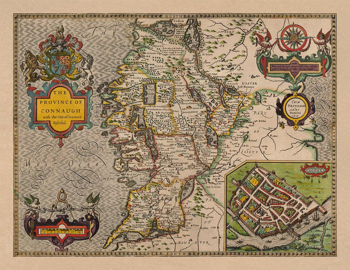 Old Map of Connacht, Ireland 1611 by John Speed - Galway, Sligo, Mayo, Leitrim, Clare