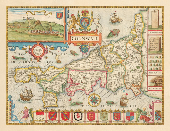 Old Map of Cornwall, 1611 by John Speed - Falmouth, Redruth, St Austell, Truro, Penzance