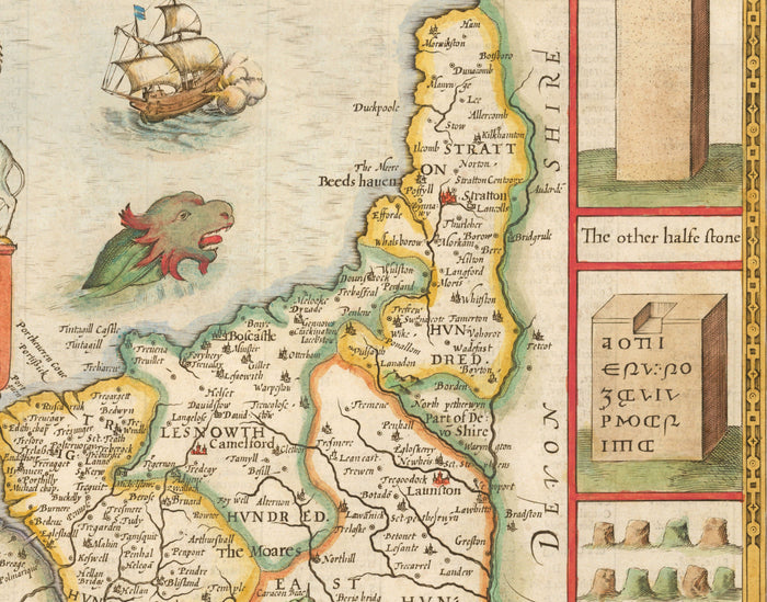 Old Map of Cornwall, 1611 by John Speed - Falmouth, Redruth, St Austell, Truro, Penzance