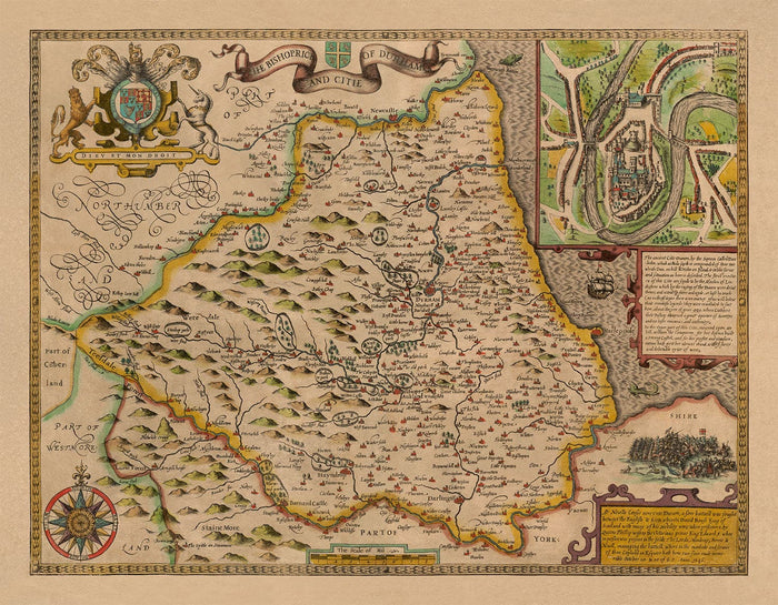 Old Map of County Durham, 1611 by John Speed - Darlington, Stockton-on-Tees, Sunderland