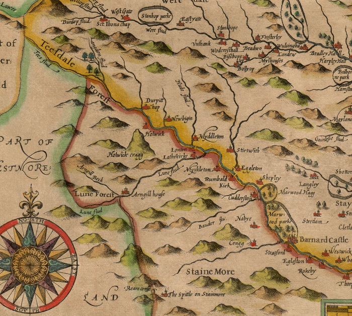 Old Map of County Durham, 1611 by John Speed - Darlington, Stockton-on-Tees, Sunderland