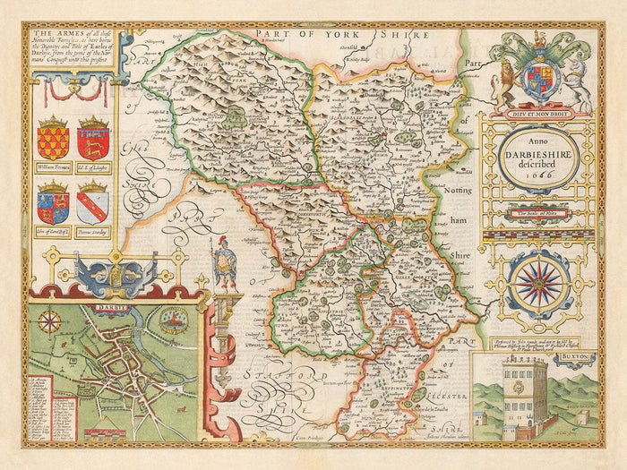 Old Map of Derbyshire, 1611 by John Speed - Derby, Chesterfield, Buxton, Peak District