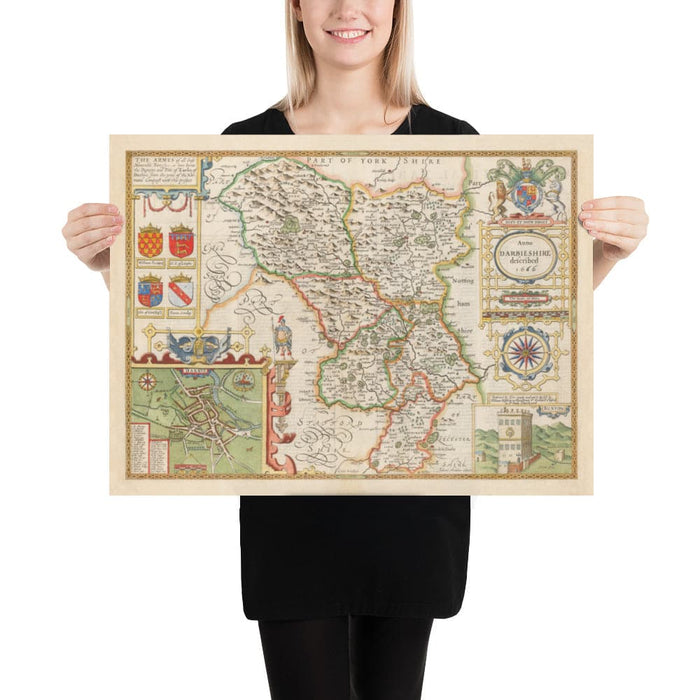 Old Map of Derbyshire, 1611 by John Speed - Derby, Chesterfield, Buxton, Peak District