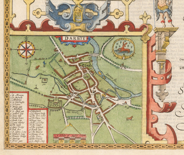 Old Map of Derbyshire, 1611 by John Speed - Derby, Chesterfield, Buxton, Peak District