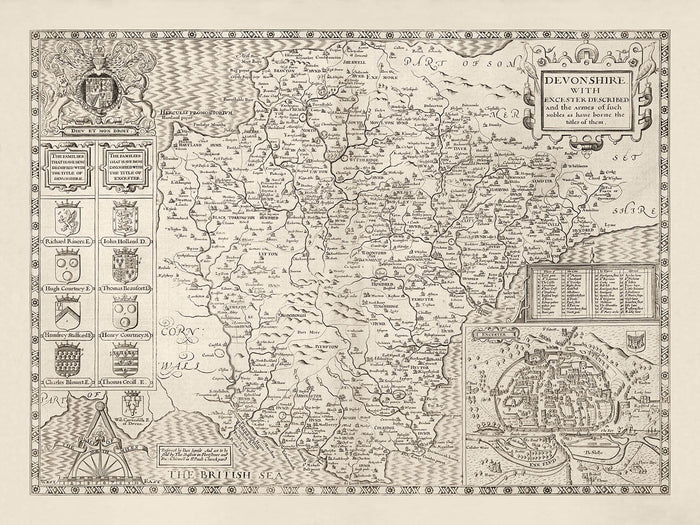 Old Map of Devon, 1611 by John Speed - Plymouth, Exeter, Torquay, Paignton, Exmouth, Barnstaple