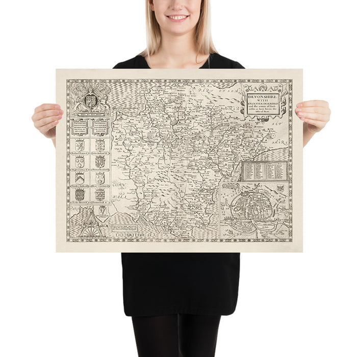 Old Map of Devon, 1611 by John Speed - Plymouth, Exeter, Torquay, Paignton, Exmouth, Barnstaple