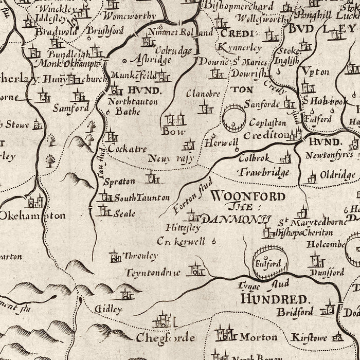 Old Map of Devon, 1611 by John Speed - Plymouth, Exeter, Torquay, Paignton, Exmouth, Barnstaple