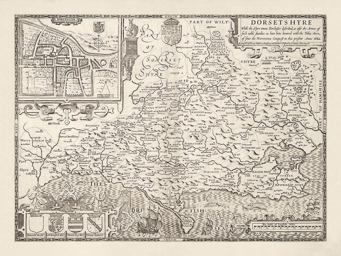 Old Map of Dorset in 1611 by John Speed - Poole, Weymouth, Dorchester, Bridport, Lyme Regis