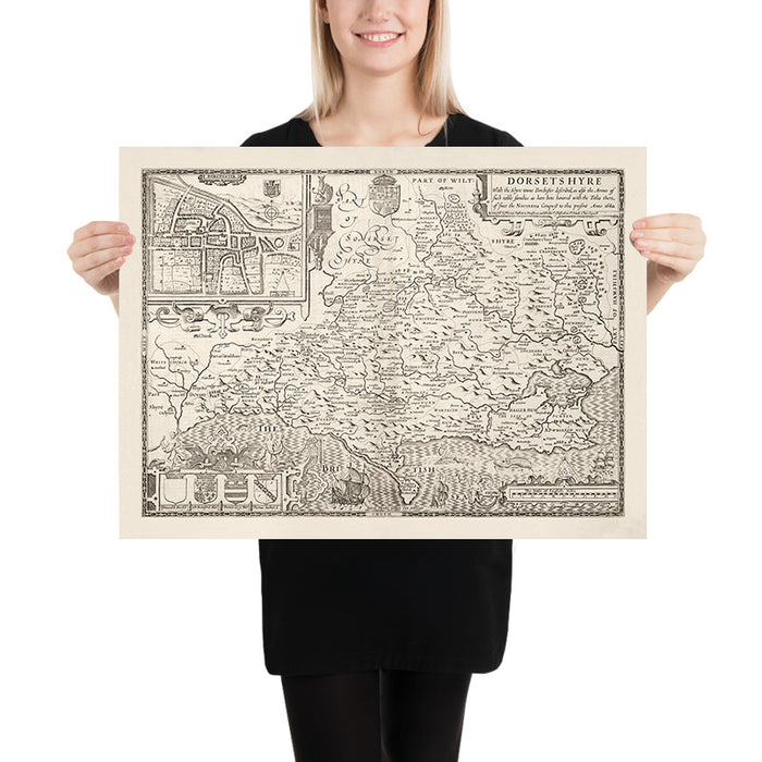 Old Map of Dorset in 1611 by John Speed - Poole, Weymouth, Dorchester, Bridport, Lyme Regis